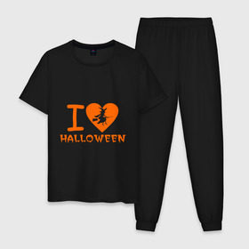 Мужская пижама хлопок с принтом I Love Halloween в Ухте, 100% хлопок | брюки и футболка прямого кроя, без карманов, на брюках мягкая резинка на поясе и по низу штанин
 | hallowen | hallowin | halovin | halowen | halowin | helloveen | helloven | hellovin | heloven | helovin | i lov | ведьма | день всех святых | колдунья | метла | халлоуин | халлувин | халоуин | халувин | хелловин | хеллоуин | хелоуин | хелувин