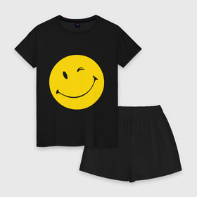 Женская пижама с шортиками хлопок с принтом Smiles в Ухте, 100% хлопок | футболка прямого кроя, шорты свободные с широкой мягкой резинкой | smiles | подмигивающий смайлик | смайл | смайлик | улыбающейся смайлик | улыбка