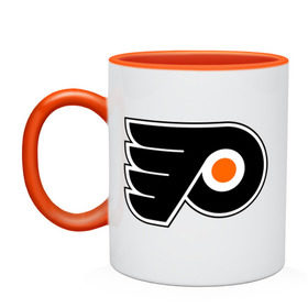 Кружка двухцветная с принтом Philadelphia Flyers в Ухте, керамика | объем — 330 мл, диаметр — 80 мм. Цветная ручка и кайма сверху, в некоторых цветах — вся внутренняя часть | hockey | nhl | национальная лига | нхл | филадельфия флаерс | хокей | хоккей