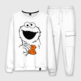 Мужской костюм хлопок с принтом Cookie monsters - с печеньем в Ухте, 100% хлопок | на свитшоте круглая горловина, мягкая резинка по низу. Брюки заужены к низу, на них два вида карманов: два “обычных” по бокам и два объемных, с клапанами, расположенные ниже линии бедра. Брюки с мягкой трикотажной резинкой на поясе и по низу штанин. В поясе для дополнительного комфорта — широкие завязки | cookie monster | куки монстр | сезам | улица сезам