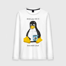 Мужской лонгслив хлопок с принтом Drink your OS And smell Linux в Ухте, 100% хлопок |  | Тематика изображения на принте: пингвин