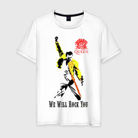 Мужская футболка хлопок с принтом Queen. We will rock you! в Ухте, 100% хлопок | прямой крой, круглый вырез горловины, длина до линии бедер, слегка спущенное плечо. | Тематика изображения на принте: freddie | mercury | queen | меркури | меркьюри | фредди
