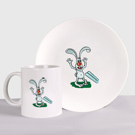 Набор: тарелка + кружка с принтом Охота (2) в Ухте, керамика | Кружка: объем — 330 мл, диаметр — 80 мм. Принт наносится на бока кружки, можно сделать два разных изображения. 
Тарелка: диаметр - 210 мм, диаметр для нанесения принта - 120 мм. | добыча | заяц | охота | прикольные | ружье