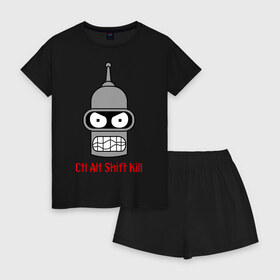 Женская пижама с шортиками хлопок с принтом Ctrl Alt Shift Kill (Бендер) в Ухте, 100% хлопок | футболка прямого кроя, шорты свободные с широкой мягкой резинкой | bender | futurama | бендер | футурама
