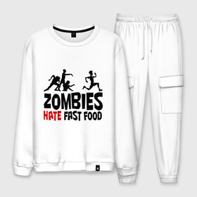 Мужской костюм хлопок с принтом Zombies hate fast food в Ухте, 100% хлопок | на свитшоте круглая горловина, мягкая резинка по низу. Брюки заужены к низу, на них два вида карманов: два “обычных” по бокам и два объемных, с клапанами, расположенные ниже линии бедра. Брюки с мягкой трикотажной резинкой на поясе и по низу штанин. В поясе для дополнительного комфорта — широкие завязки | зомби