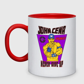 Кружка двухцветная с принтом John Cena. NEVER GIVE UP в Ухте, керамика | объем — 330 мл, диаметр — 80 мм. Цветная ручка и кайма сверху, в некоторых цветах — вся внутренняя часть | Тематика изображения на принте: 