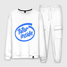 Мужской костюм хлопок с принтом Татарин Внутри – Tatar inside в Ухте, 100% хлопок | на свитшоте круглая горловина, мягкая резинка по низу. Брюки заужены к низу, на них два вида карманов: два “обычных” по бокам и два объемных, с клапанами, расположенные ниже линии бедра. Брюки с мягкой трикотажной резинкой на поясе и по низу штанин. В поясе для дополнительного комфорта — широкие завязки | intel | tatar inside | внутри | казань | татарин | татарстан | татры