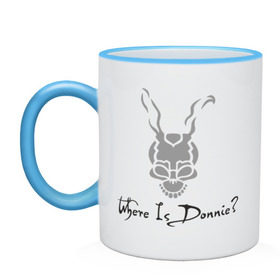 Кружка двухцветная с принтом Donnie Darko - Where Is Donnie? в Ухте, керамика | объем — 330 мл, диаметр — 80 мм. Цветная ручка и кайма сверху, в некоторых цветах — вся внутренняя часть | donnie darko | дони дарко | донни дарко