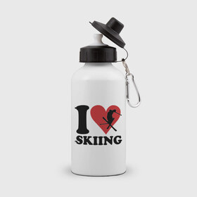 Бутылка спортивная с принтом I love skiing - Я люблю кататься на лыжах в Ухте, металл | емкость — 500 мл, в комплекте две пластиковые крышки и карабин для крепления | i love | love skiing | зима | зимние виды спорта | каткться | лыжи | лыжник | люблю лыжи