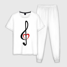 Мужская пижама хлопок с принтом Скрипичный ключ сердце в Ухте, 100% хлопок | брюки и футболка прямого кроя, без карманов, на брюках мягкая резинка на поясе и по низу штанин
 | музыка | ноты | сердце | скрипичный ключ