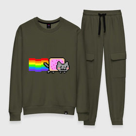 Женский костюм хлопок с принтом Nyan Cat в Ухте, 100% хлопок | на свитшоте круглая горловина, мягкая резинка по низу. Брюки заужены к низу, на них два вида карманов: два 