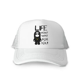 Кепка тракер с сеткой Life wont wait for you! (Жизнь не будет тебя ждать!): в Ухте, трикотажное полотно; задняя часть — сетка | длинный козырек, универсальный размер, пластиковая застежка |