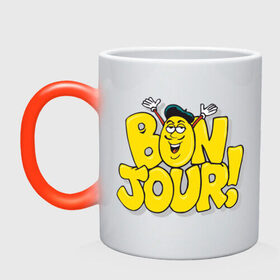 Кружка хамелеон с принтом Bonjour - Привет! в Ухте, керамика | меняет цвет при нагревании, емкость 330 мл | bon jour | бон жур | смайл | француз
