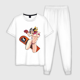 Мужская пижама хлопок с принтом Секси борд в Ухте, 100% хлопок | брюки и футболка прямого кроя, без карманов, на брюках мягкая резинка на поясе и по низу штанин
 | snowboard | девушка на сноуборде | доска | красивая девушка | сноуборд