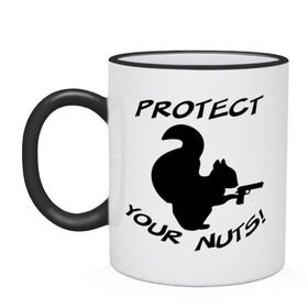 Кружка двухцветная с принтом Protect your nuts в Ухте, керамика | объем — 330 мл, диаметр — 80 мм. Цветная ручка и кайма сверху, в некоторых цветах — вся внутренняя часть | Тематика изображения на принте: белка | белочка | вооруженная | защищай | зверь | орехи | оружие | пистолет | свои