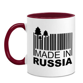 Кружка двухцветная с принтом Made in Russia штрихкод в Ухте, керамика | объем — 330 мл, диаметр — 80 мм. Цветная ручка и кайма сверху, в некоторых цветах — вся внутренняя часть | made in russia | сделано в россии | че2012 | штрих код | штрихкод | я русский