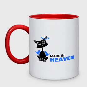Кружка двухцветная с принтом Made in heaven. Кот в Ухте, керамика | объем — 330 мл, диаметр — 80 мм. Цветная ручка и кайма сверху, в некоторых цветах — вся внутренняя часть | made in heaven | кот | кошка | кошки | прикольные картинки | сделана в раю