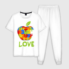 Мужская пижама хлопок с принтом Apple пазл в Ухте, 100% хлопок | брюки и футболка прямого кроя, без карманов, на брюках мягкая резинка на поясе и по низу штанин
 | Тематика изображения на принте: apple | love apple | люблю эппл | паззлы | яблоко