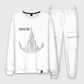 Мужской костюм хлопок с принтом MOSCOW (эскиз) в Ухте, 100% хлопок | на свитшоте круглая горловина, мягкая резинка по низу. Брюки заужены к низу, на них два вида карманов: два “обычных” по бокам и два объемных, с клапанами, расположенные ниже линии бедра. Брюки с мягкой трикотажной резинкой на поясе и по низу штанин. В поясе для дополнительного комфорта — широкие завязки | Тематика изображения на принте: кремль | москва | россия