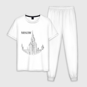 Мужская пижама хлопок с принтом MOSCOW (эскиз) в Ухте, 100% хлопок | брюки и футболка прямого кроя, без карманов, на брюках мягкая резинка на поясе и по низу штанин
 | Тематика изображения на принте: кремль | москва | россия