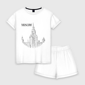 Женская пижама с шортиками хлопок с принтом MOSCOW (эскиз) в Ухте, 100% хлопок | футболка прямого кроя, шорты свободные с широкой мягкой резинкой | Тематика изображения на принте: кремль | москва | россия