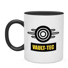 Кружка двухцветная с принтом Fallout Vault-tec в Ухте, керамика | объем — 330 мл, диаметр — 80 мм. Цветная ручка и кайма сверху, в некоторых цветах — вся внутренняя часть | fallout | логотип | постапокалиптические | фаллаут | фоллаут