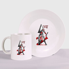 Набор: тарелка + кружка с принтом Silent Hill (палач) в Ухте, керамика | Кружка: объем — 330 мл, диаметр — 80 мм. Принт наносится на бока кружки, можно сделать два разных изображения. 
Тарелка: диаметр - 210 мм, диаметр для нанесения принта - 120 мм. | Тематика изображения на принте: кино | кровь | сайлент хилл | топор | ужастик | ужасы | фильм