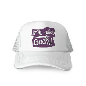 Кепка тракер с сеткой с принтом Look whe `s back! в Ухте, трикотажное полотно; задняя часть — сетка | длинный козырек, универсальный размер, пластиковая застежка | 