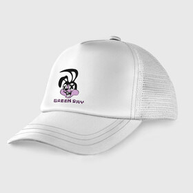 Детская кепка тракер с принтом Green day rabbit в Ухте, Козырек - 100% хлопок. Кепка - 100% полиэстер, Задняя часть - сетка | универсальный размер, пластиковая застёжка | green day | rock | грин дэй | кролик | музыка | рок группа