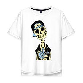 Мужская футболка хлопок Oversize с принтом Скелет в кепке в Ухте, 100% хлопок | свободный крой, круглый ворот, “спинка” длиннее передней части | скелет