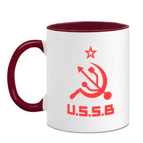Кружка двухцветная с принтом USSB в Ухте, керамика | объем — 330 мл, диаметр — 80 мм. Цветная ручка и кайма сверху, в некоторых цветах — вся внутренняя часть | серп и молот | советский союз | ссср