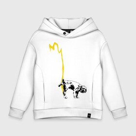Детское худи Oversize хлопок с принтом Peeing dog (Banksy) в Ухте, френч-терри — 70% хлопок, 30% полиэстер. Мягкий теплый начес внутри —100% хлопок | боковые карманы, эластичные манжеты и нижняя кромка, капюшон на магнитной кнопке | Тематика изображения на принте: бульдог | бэнкси | граффити | собака