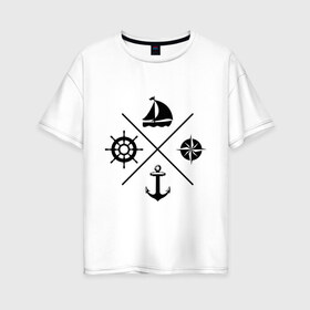 Женская футболка хлопок Oversize с принтом Sailor theme в Ухте, 100% хлопок | свободный крой, круглый ворот, спущенный рукав, длина до линии бедер
 | sailor theme | азимут | компас | кораблик | корабль | лодка | путешествие | штурвал | якорь