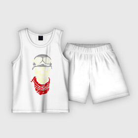 Детская пижама с шортами хлопок с принтом Череп байкер в Ухте,  |  | Тематика изображения на принте: скелет