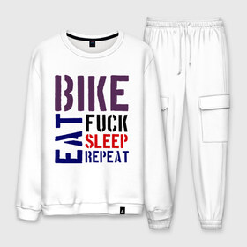 Мужской костюм хлопок с принтом Bike eat sleep repeat в Ухте, 100% хлопок | на свитшоте круглая горловина, мягкая резинка по низу. Брюки заужены к низу, на них два вида карманов: два “обычных” по бокам и два объемных, с клапанами, расположенные ниже линии бедра. Брюки с мягкой трикотажной резинкой на поясе и по низу штанин. В поясе для дополнительного комфорта — широкие завязки | bicycle | bike | bike eat sleep repeat | eat | repeat | sleep | велик | велосипед | велосипедист