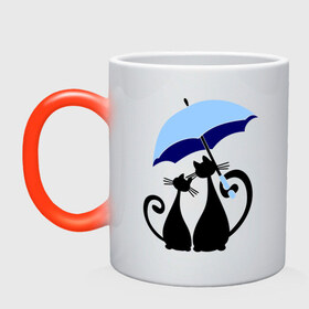 Кружка хамелеон с принтом влюбленные кошки в Ухте, керамика | меняет цвет при нагревании, емкость 330 мл | Тематика изображения на принте: влюбленные коты | животные | зонтик | коты | кошки | любовь
