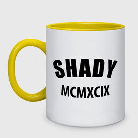 Кружка двухцветная с принтом Shady MCMXCIX в Ухте, керамика | объем — 330 мл, диаметр — 80 мм. Цветная ручка и кайма сверху, в некоторых цветах — вся внутренняя часть | Тематика изображения на принте: хип хоп