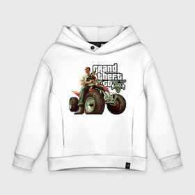Детское худи Oversize хлопок с принтом GTA V в Ухте, френч-терри — 70% хлопок, 30% полиэстер. Мягкий теплый начес внутри —100% хлопок | боковые карманы, эластичные манжеты и нижняя кромка, капюшон на магнитной кнопке | Тематика изображения на принте: criminal action | games | grand theft auto | gta 5 | race | гта 5 | игры