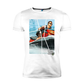 Мужская футболка премиум с принтом GTA V в Ухте, 92% хлопок, 8% лайкра | приталенный силуэт, круглый вырез ворота, длина до линии бедра, короткий рукав | criminal action | games | grand theft auto | gta 5 | race | гта 5 | игры