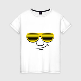 Женская футболка хлопок Клаббер: в Ухте, 100% хлопок | прямой крой, круглый вырез горловины, длина до линии бедер, слегка спущенное плечо | glow | жалюзи | клаббер | очки | очки  жалюзи | смайл | улыбка