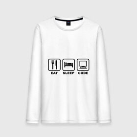 Мужской лонгслив хлопок с принтом Eat sleep code (Ешь, Спи, Программируй) в Ухте, 100% хлопок |  | eat sleep code | вилка | есть | ешь | компьютер | кровать | программируй | сон | спи