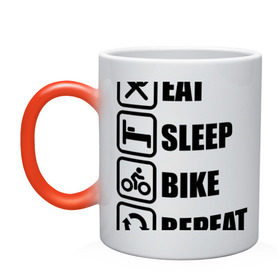 Кружка хамелеон с принтом Eat Sleep Bike Repeat в Ухте, керамика | меняет цвет при нагревании, емкость 330 мл | bike | eat | eat sleep bike repeat | repeat | sleep | велоспорт | кровать | спорт