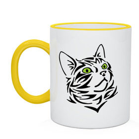 Кружка двухцветная с принтом Узор - кот в Ухте, керамика | объем — 330 мл, диаметр — 80 мм. Цветная ручка и кайма сверху, в некоторых цветах — вся внутренняя часть | Тематика изображения на принте: глаза | киска | кот с зеленными глазами | кошки | силуэт  кота | узор   кот