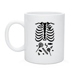 Кружка с принтом Конфетки в животе в Ухте, керамика | объем — 330 мл, диаметр — 80 мм. Принт наносится на бока кружки, можно сделать два разных изображения | Тематика изображения на принте: скелет