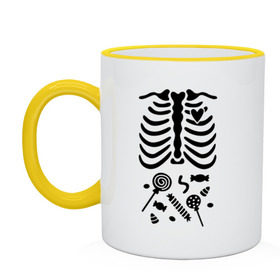 Кружка двухцветная Конфетки в животе: в Ухте, керамика | объем — 330 мл, диаметр — 80 мм. Цветная ручка и кайма сверху, в некоторых цветах — вся внутренняя часть | скелет