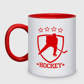 Кружка двухцветная с принтом Хоккей (Hockey) в Ухте, керамика | объем — 330 мл, диаметр — 80 мм. Цветная ручка и кайма сверху, в некоторых цветах — вся внутренняя часть | hockey | спорт | хоккей | шайба