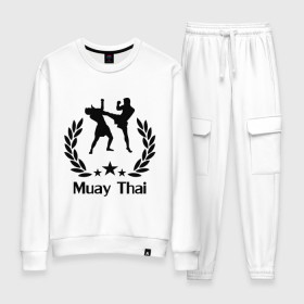 Женский костюм хлопок с принтом Muay Thai (Тайский бокс) в Ухте, 100% хлопок | на свитшоте круглая горловина, мягкая резинка по низу. Брюки заужены к низу, на них два вида карманов: два 