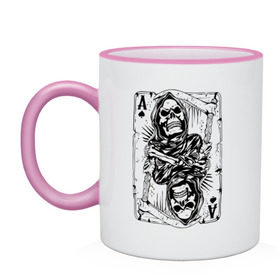 Кружка двухцветная Пиковый череп: в Ухте, керамика | объем — 330 мл, диаметр — 80 мм. Цветная ручка и кайма сверху, в некоторых цветах — вся внутренняя часть | карта | коса | пики | пиковый череп | череп