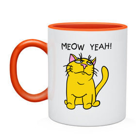 Кружка двухцветная с принтом Meow yeah! в Ухте, керамика | объем — 330 мл, диаметр — 80 мм. Цветная ручка и кайма сверху, в некоторых цветах — вся внутренняя часть | meow yeah | интернет приколы | киса | кот мем | котик | мурка
