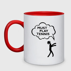 Кружка двухцветная Must play tennis: в Ухте, керамика | объем — 330 мл, диаметр — 80 мм. Цветная ручка и кайма сверху, в некоторых цветах — вся внутренняя часть | ракетка | тенис | теннис | теннисист